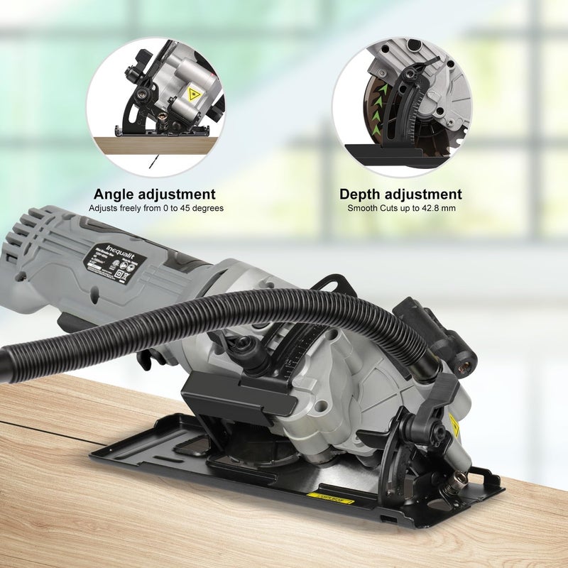 Inequalit Mini Circular Saw, 4Amp 3500RPM Corded Compact Saw with 4-1/2" 24T TCT Blades, Laser Guide, Rip Guide, Vacuum Adapter and Blade Wrench, Max Cutting Depth 1-11/16"(90°), 1-1/8"(45°） - Image 4